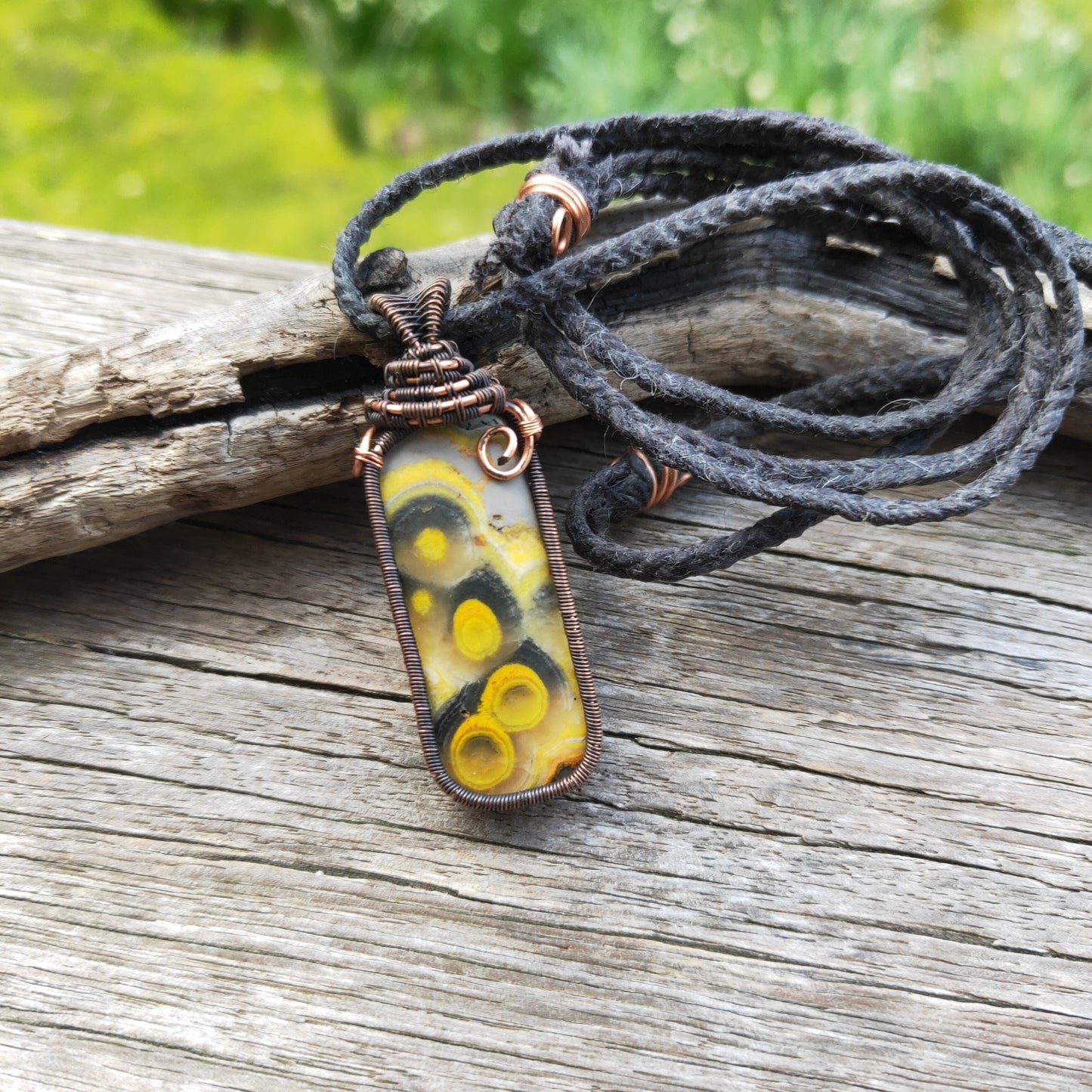 Copper Wrapped Bulls Eye Bumblebee Jasper Necklace