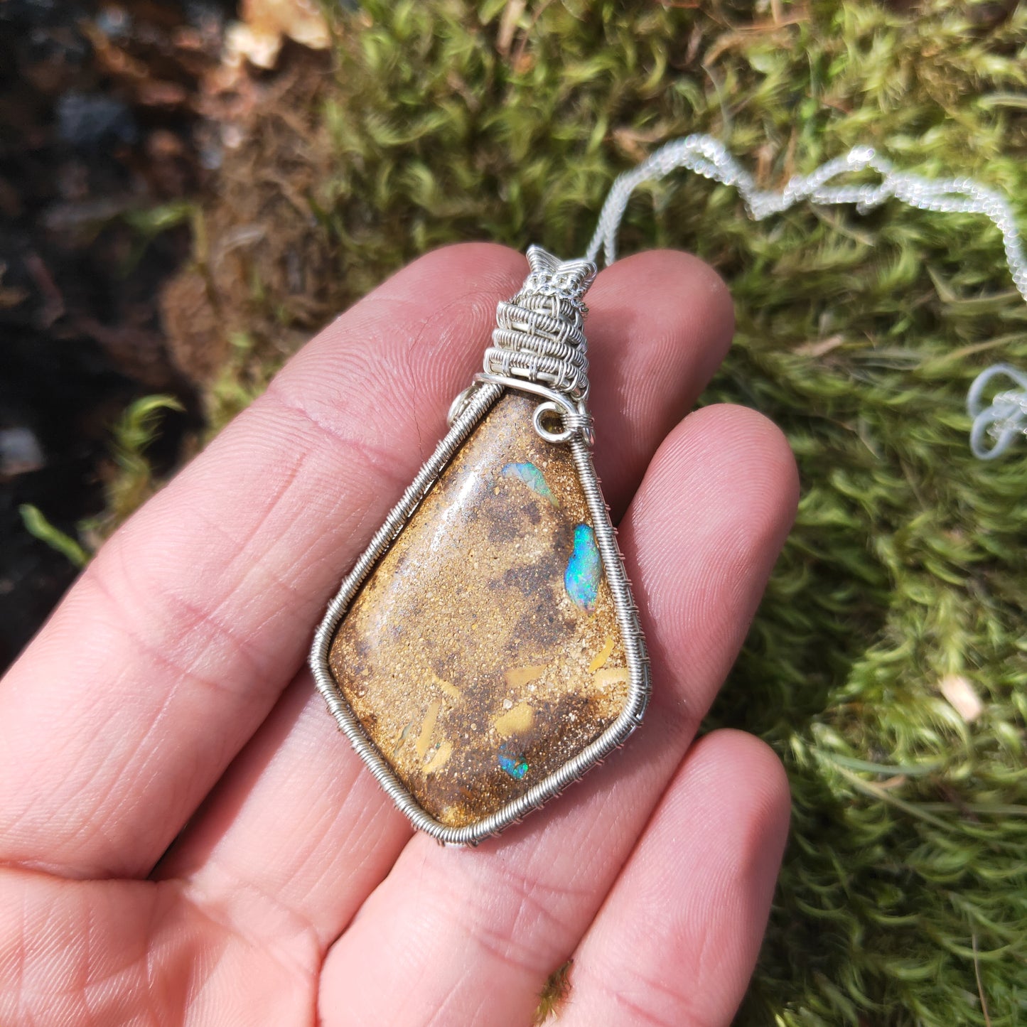 Silver Wrapped Boulder Opal Necklace