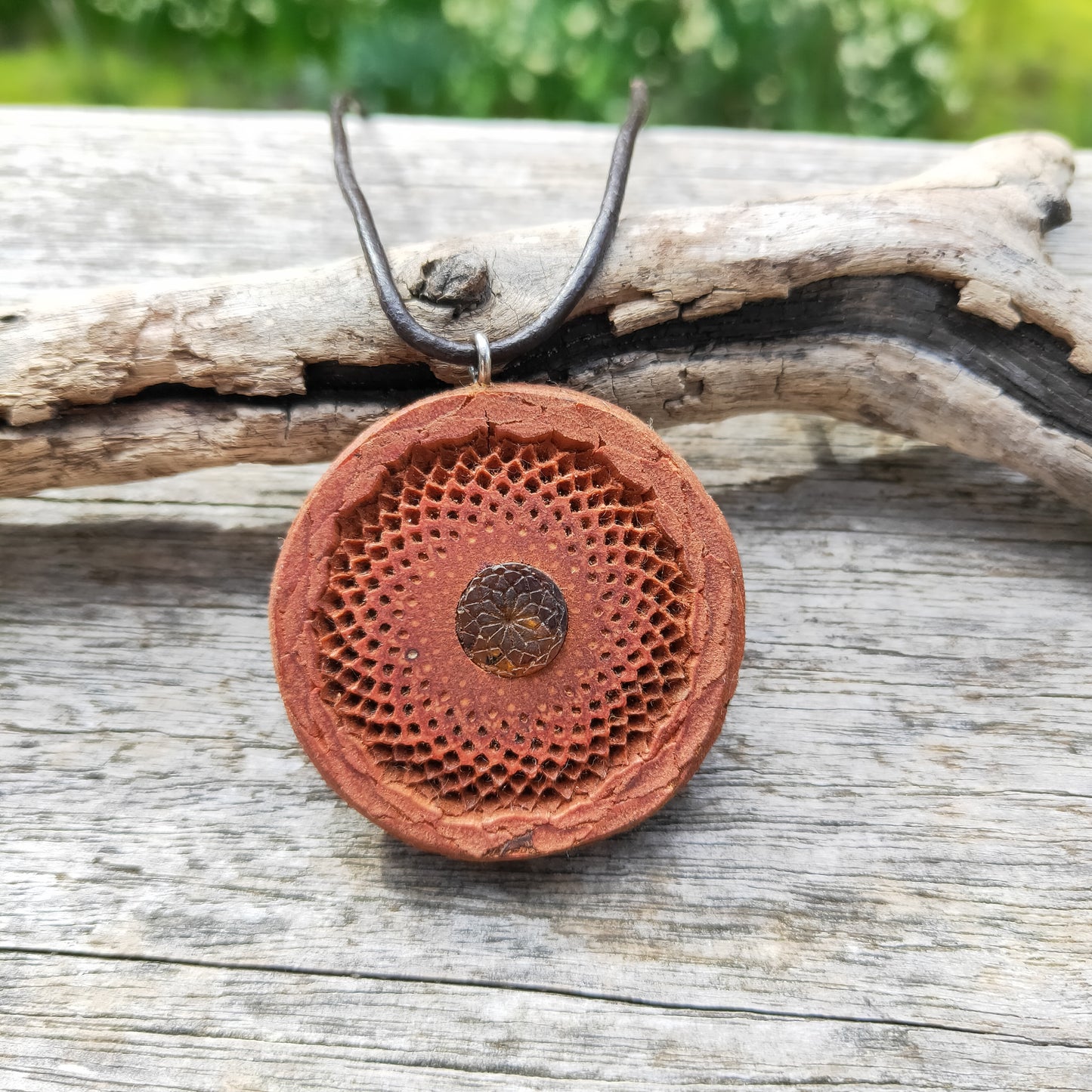 Protea Pendant with Engraved Chiapas Amber