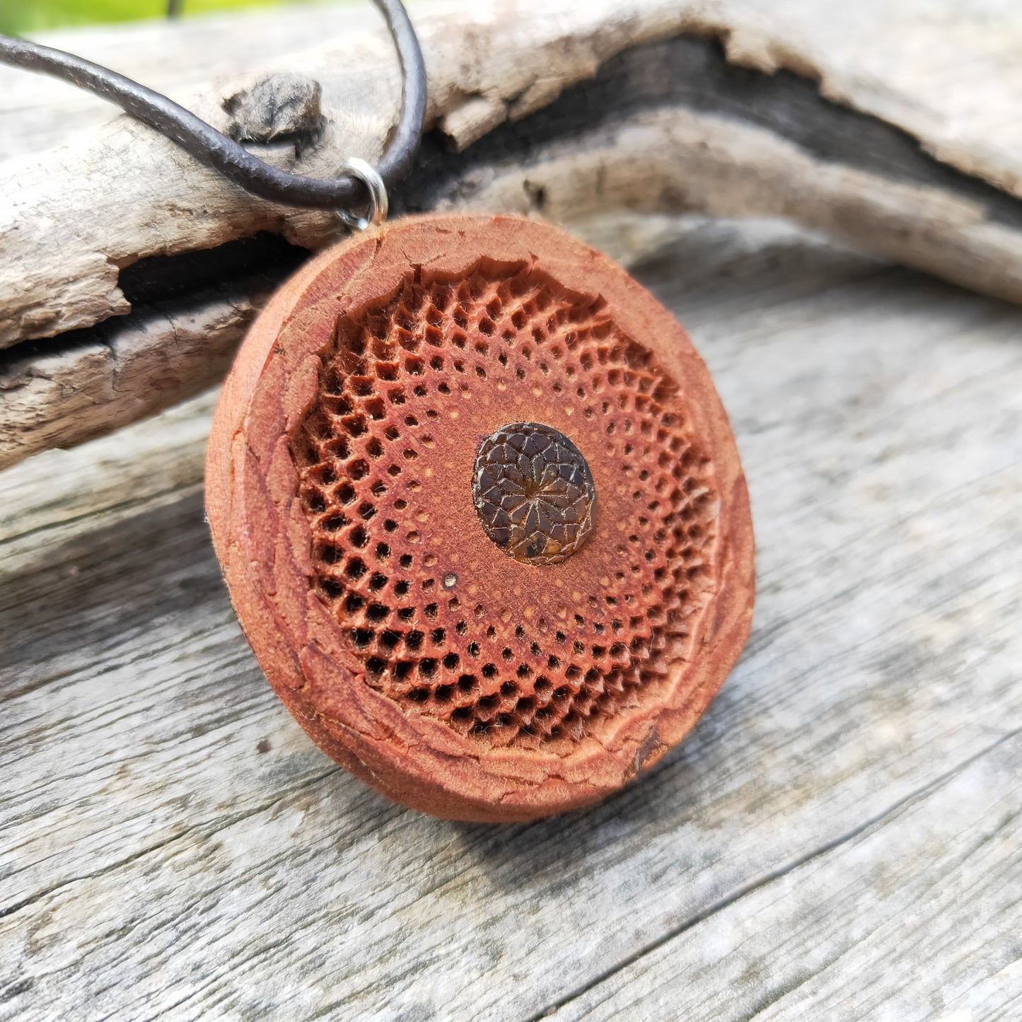 Protea Pendant with Engraved Chiapas Amber