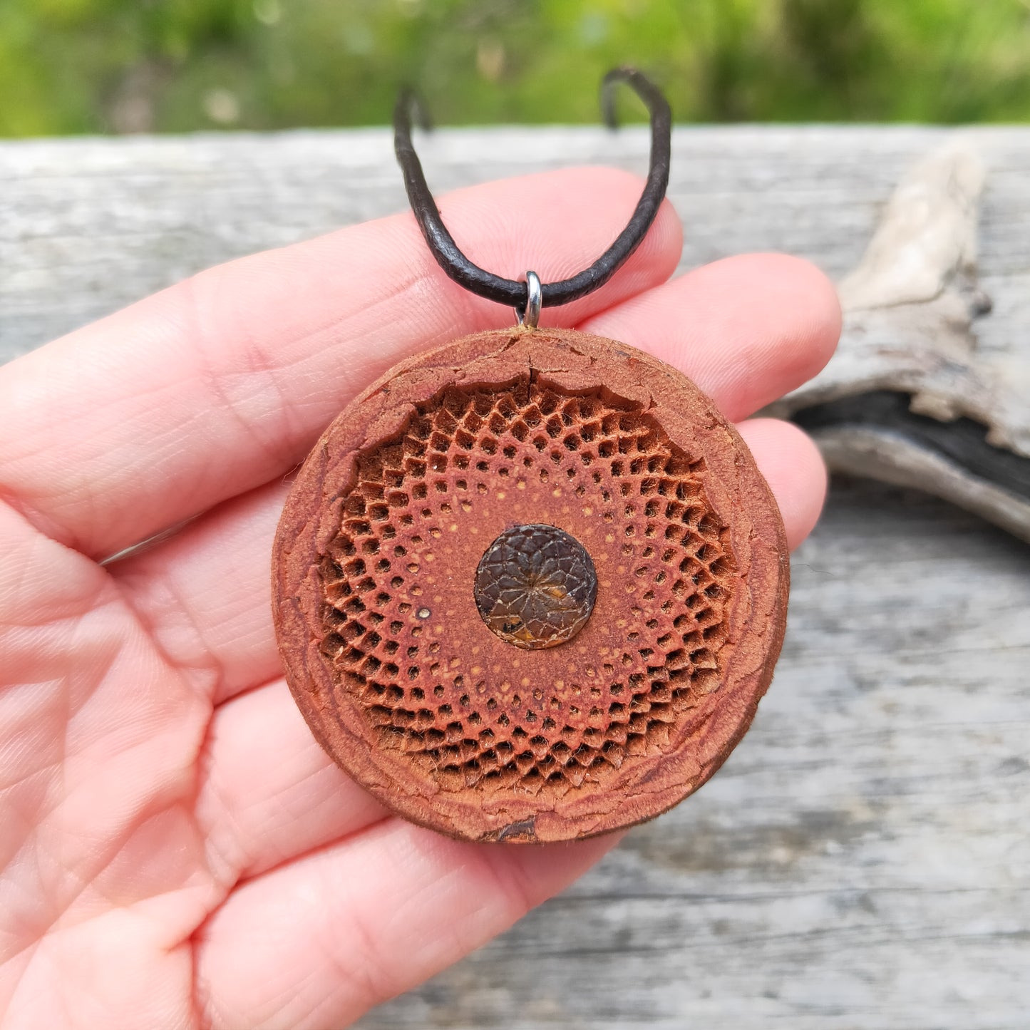 Protea Pendant with Engraved Chiapas Amber