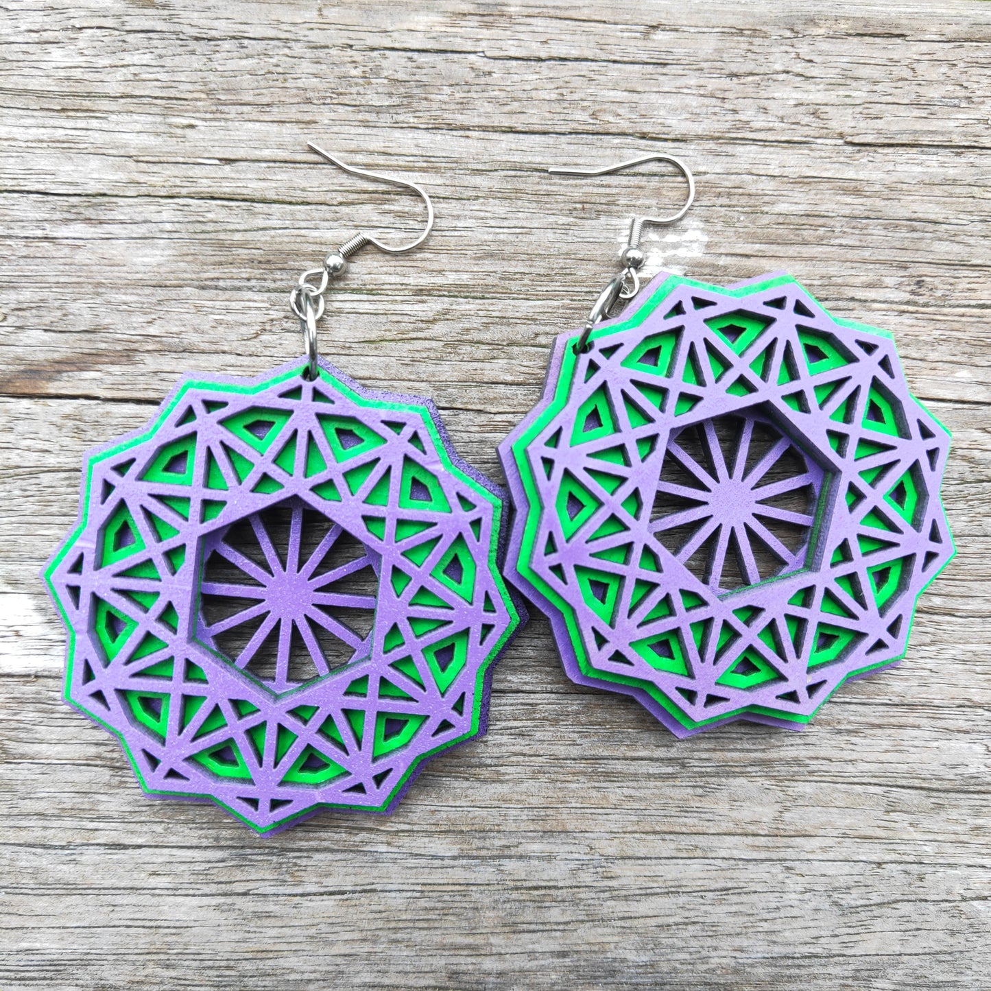 Green and Purple Dodecagon Earrings