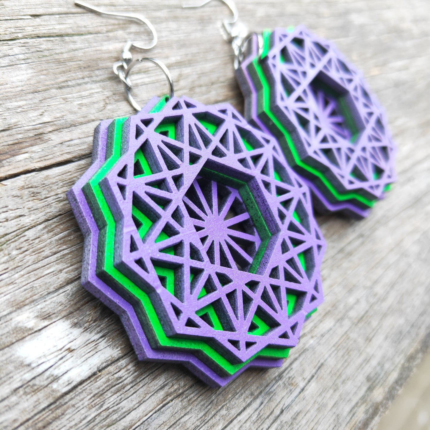 Green and Purple Dodecagon Earrings