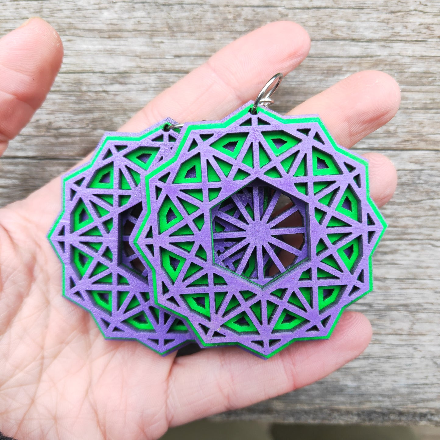 Green and Purple Dodecagon Earrings