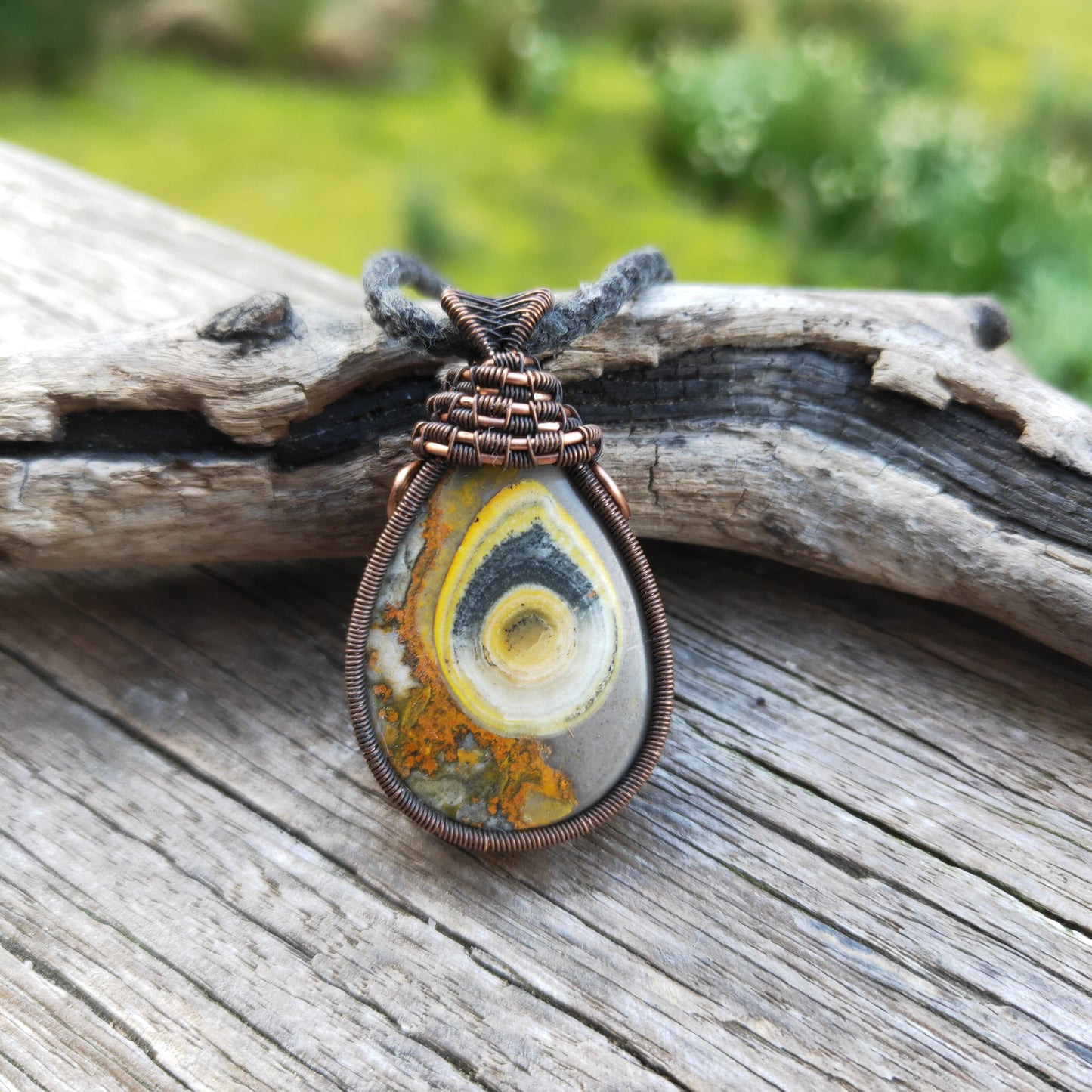 Copper Wrapped Bulls Eye Bumblebee Jasper Necklace