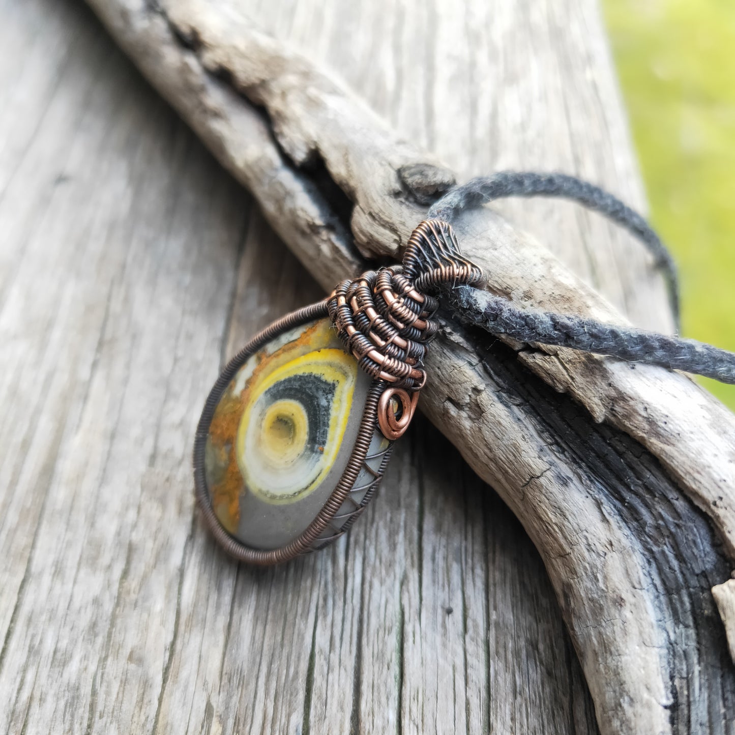 Copper Wrapped Bulls Eye Bumblebee Jasper Necklace