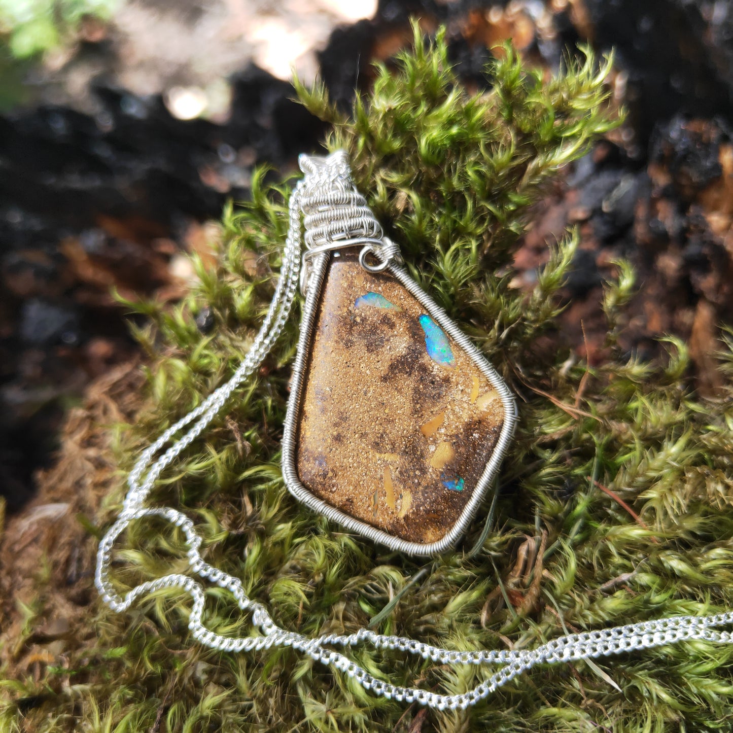 Silver Wrapped Boulder Opal Necklace