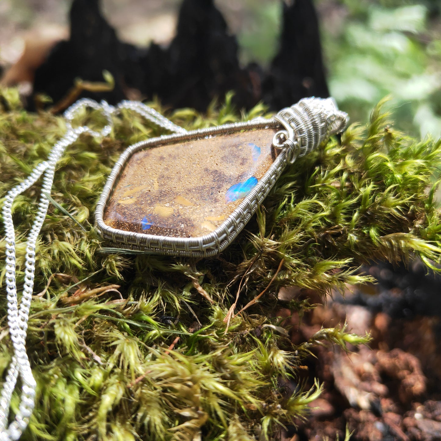 Silver Wrapped Boulder Opal Necklace